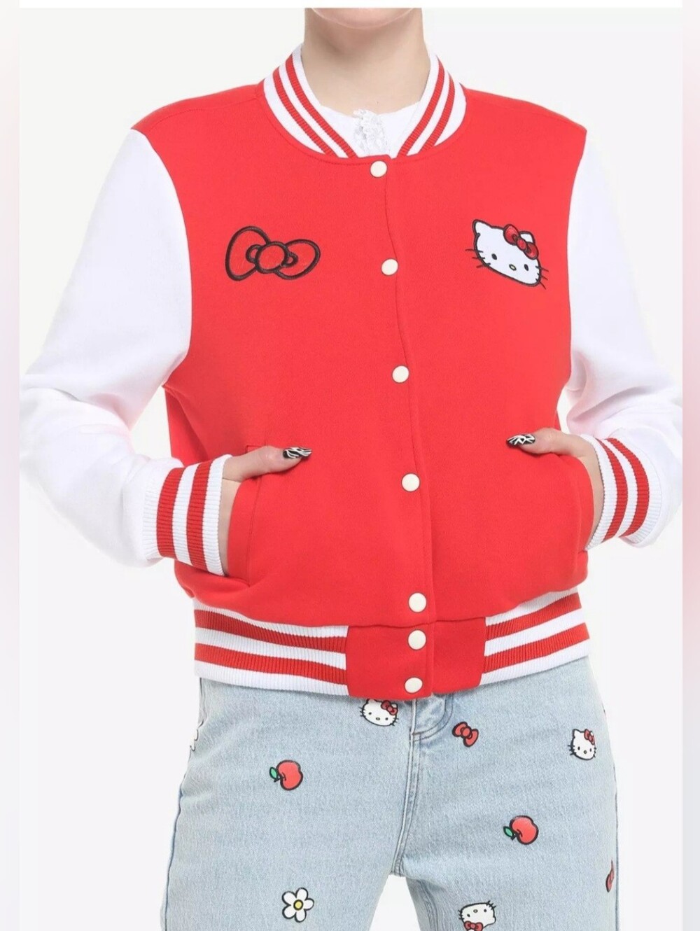 Hello Kitty For Hot Topic Red and White Varsity Bomber Jacket Size L, New W/tags
